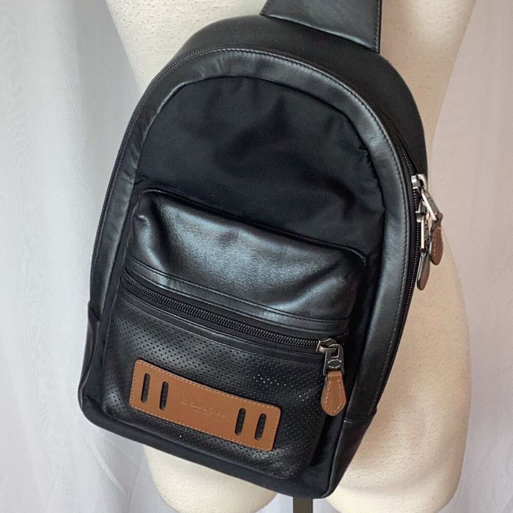 Coach New York Trek Terrain Sling Pack Backpack Black Leather Nylon Mesh - Picture 4 of 13